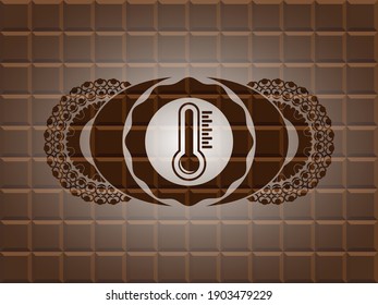thermometer icon inside chocolate badge. Brown handsome background. Vector illustration. 