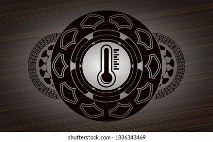 thermometer icon inside dark wood badge. Brown classic background. Vector illustration. 