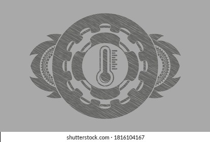 thermometer icon inside Grey stroke realistic badge. Solid classic background. Artistic illustration. 