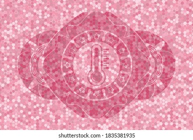 thermometer icon inside pink color tiles mosaic style realistic badge. Geometric hexagon fancy background. Illustration. 