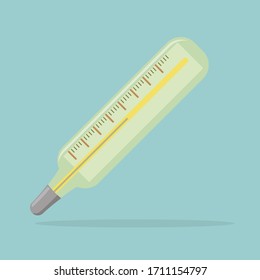 Thermometer-Symbol einzeln auf blauem Hintergrund. Ein Glasthermometer zur Messung der Körpertemperatur, Vektorillustration. 