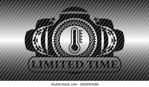 Thermometer-Icon und Begrenzter Zeittext Carbon-Faser dunkles Badge. Polymerstruktur - exquisiter Hintergrund. Vektorgrafik. 