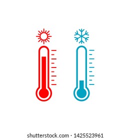 Thermometer icon. Thermometer measuring heat and cold, with sun and snowflake. Vector.