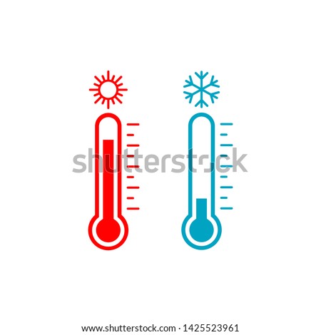 Thermometer icon. Thermometer measuring heat and cold, with sun and snowflake. Vector.