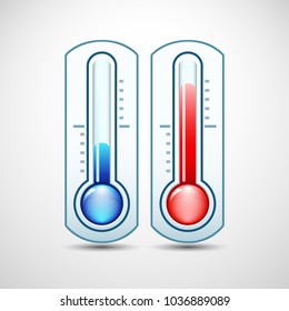 Thermometer icon measuring hot and cold temperature with shadows on grey background