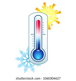 Thermometer icon measuring hot and cold temperature on background sun and snowflake