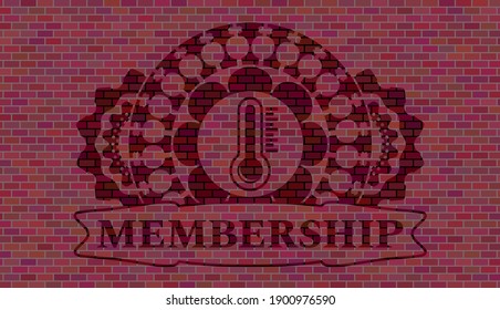 thermometer icon and Membership text red brick stone wall emblem. Tiles luxurious background. Intense illustration. 
