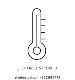 A thermometer icon in minimalist style with editable stroke. Temperature measurement, medical tool, fever check, weather indicator, health device, climate scale, outline vector illustration.