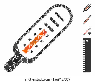 Thermometer icon mosaic of inequal items in various sizes and shades, based on thermometer icon. Vector ragged parts are composed into mosaic. Thermometer icons collage with dotted pattern.