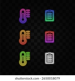 thermometer icon, neon style, medical record icon, outdoor, outline style.