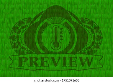 icono del termómetro y vista previa de texto verde grama grama emblema de hierba.   Eco delicado fondo. Ilustración artística. 