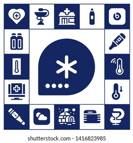 thermometer icon set. 17 filled thermometer icons.  Simple modern icons about  - Health, Suppositories, Thermometer, Winter, Medical, Temperature, Pharmacy, Weather, Igloo, Gauze
