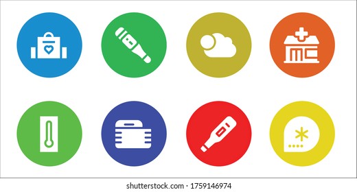 thermometer icon set. 8 filled thermometer icons. Included Baby bag, Thermometer, Gauze, Cloudy, Pharmacy, Winter icons