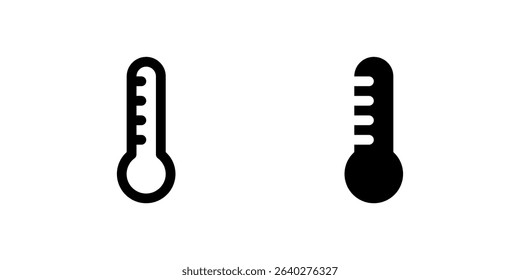 Thermometer Icon Set. A black glyph and outline icon of a thermometer, representing temperature measurement.