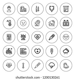 Thermometer icon set. collection of 25 outline thermometer icons with cool, fish tank, health, healthcare, heat, iv pole, igloo, pharmacy, phonendoscope icons. editable icons.