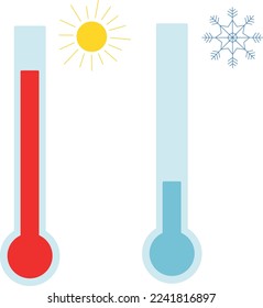 Thermometer icon set. Device for measuring high and low temperatures isolated on a white background. Sun and snowflake symbols. Celsius and fahrenheit. Vector flat illustration.