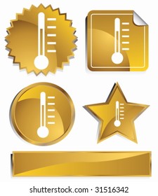 Thermometer Icon Set : Gold satin metal buttons in star, starburst, circle and sticker, label shapes.