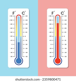 Thermometer Icon Set mit hoher und niedriger Temperatur. Zeichen für kalte und warme Wetterbedingungen, Vektorgrafik