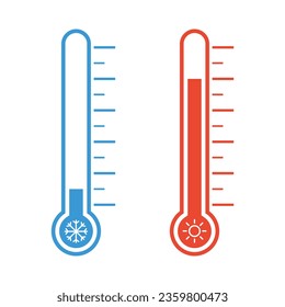 Thermometer Icon Set mit hoher und niedriger Temperatur. Zeichen für kalte und warme Wetterbedingungen, Vektorgrafik