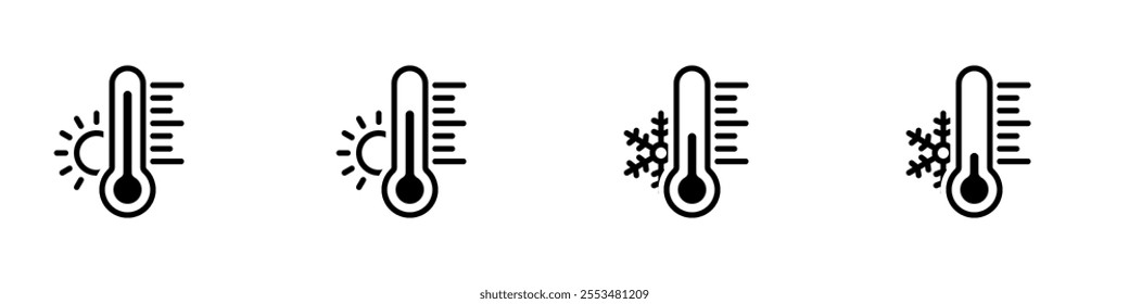 Thermometer icon set. High and low temperature signs. Hot and cold weather. Vector illustration.