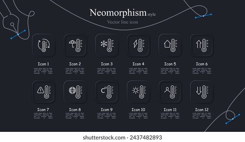 Thermometer icon set. Home, weather, lightning, threat, precipitation, temperature, fahrenheit, celsius. Neomorphism style. Vector line icon for business and advertising