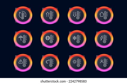 Thermometer icon set. Low high temperature, cold protection, weather forecast, degrees Celsius. Weather concept. Pastel color background. Vector line icon for business