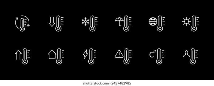 Conjunto de iconos del termómetro. Hombre, Celsius, Fahrenheit, enfermedad, relámpago, casa, flecha. Icono de línea blanca sobre fondo negro. Icono de línea vectorial para negocios y publicidad