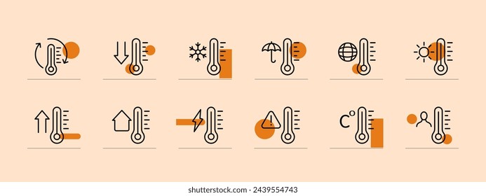 Conjunto de iconos del termómetro. Hombre, Celsius, Fahrenheit, enfermedad, relámpago, casa, flecha. Fondo de color pastel. Icono de línea vectorial para negocios y publicidad