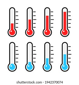 Thermometer icon set. Measurement instrument large collection. Weather thermometer with blue an red mercury. Devices with different cold and hot temperature. Vector illustration isolated on white.