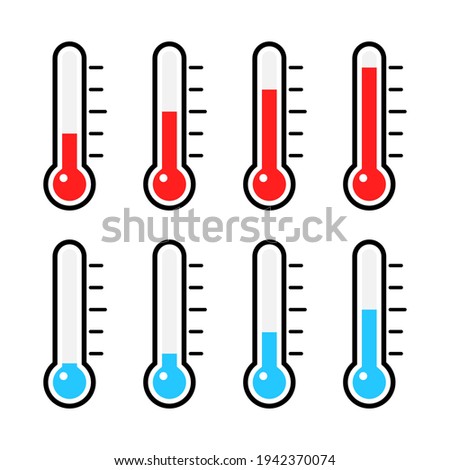 Thermometer icon set. Measurement instrument large collection. Weather thermometer with blue an red mercury. Devices with different cold and hot temperature. Vector illustration isolated on white.