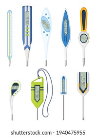 Conjunto de iconos del termómetro. Medición de la temperatura corporal en vector. Coronavirus de prevención principal del termómetro electrónico. Conjunto de dibujos animados de iconos vectoriales para diseño web aislados en fondo blanco