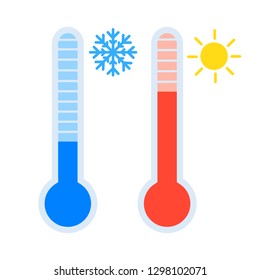 Thermometer icon set measuring heat and cold temperature, with sun and snowflake symbol, simple flat design vector eps10 illustration