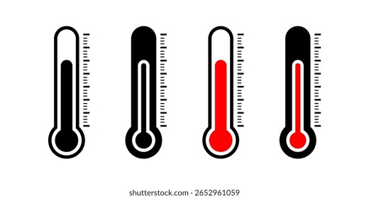 Thermometer icon set. one outlined and one filled, representing temperature measurement and illness. This graphic is clean and easy to use for various medical or weather related designs.