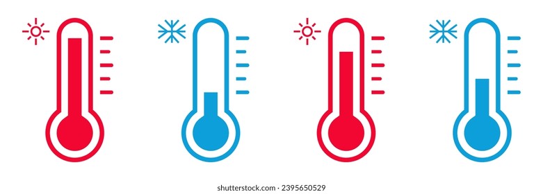 thermometer icon set in red and blue colors. symbols for measuring hot and cold body temperature. vector isolated on white background, modern and simple flat design.