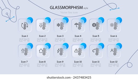 Thermometer icon set. Temperature, home, climate control, umbrella, Celsius, sun, lightning, weather. Glassmorphism style. Vector line icon for business and advertising