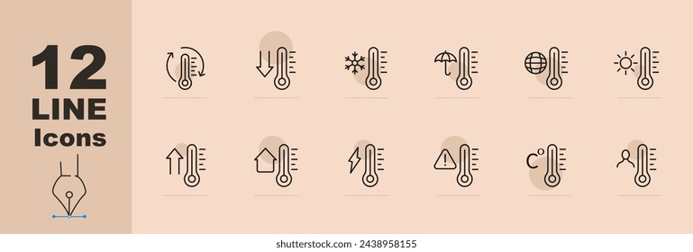 Conjunto de iconos del termómetro. Temperatura, hogar, control del clima, paraguas, Celsius, sol, relámpago, tiempo. Fondo de color pastel. Icono de línea vectorial para negocios