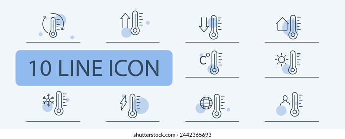 Thermometer icon set. Temperature, home, climate control, umbrella, Celsius, sun, lightning, weather. 10 line icon style. Vector line icon for business and advertising