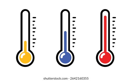 Thermometer icon showing temperature levels in yellow, blue, and red. Used for climate regulation, weather shifts, flat bicolor vector symbol