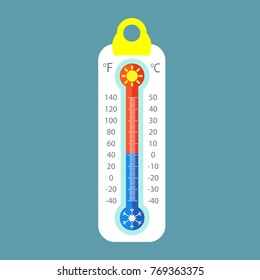Thermometer icon showing warm and cold weather. Modern vector illustration in a flat style.