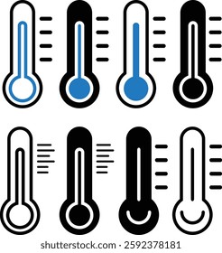 thermometer icon in silhouette and color vector, perfect for medical, weather, and temperature measurement designs. Ideal for apps, infographics, and branding.
