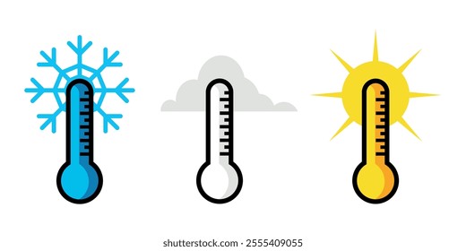 Thermometer icon with sun, snow and cloud signs	