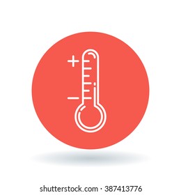 Thermometer icon. Temperature measurement tool sign. Weather instrument symbol. White icon on red circle background. Vector illustration.