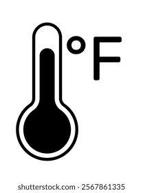 thermometer icon temperature symbol, black and white vector illustration of a device that measures temperature with degree Fahrenheit, isolated on white