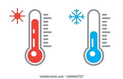 Thermometer icon or temperature symbol. Hot and cold weather with snowflake and sun symbol