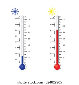 Thermometer icon. Vector. Celsius and Fahrenheit. measuring hot and cold temperature. Sun and snowflake winter and summer symbols