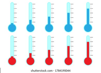 Icono del termómetro para el tiempo. Escala fría y caliente. Temperatura Celsius o Fahrenheit. Indicador rojo y azul.