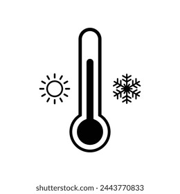 Icono del termómetro. Icono de línea de termómetro de temperatura del tiempo. Termómetro con el icono del vector del contorno del tiempo soleado y congelado.