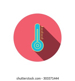 Thermometer icon. Weather temperature sign. Meteorology symbol. Red flat circle button. Linear icon with shadow. Vector
