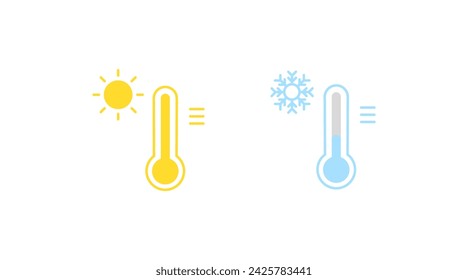 Thermometer icons with cold and heat. Flat, yellow blue, thermometer with sun heat, thermometer with snowflake winter cold icon. Vector icons