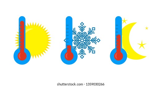 The thermometer icons with different levels. High, low and nightly temperature symbol. Flat Vector